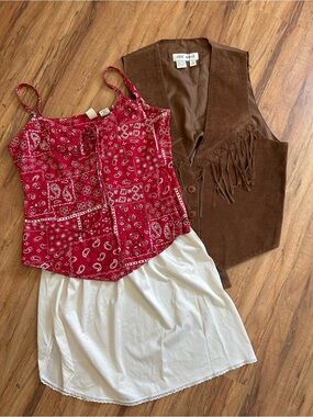 Vintage Western Festival Fringe Leather Bandana Slip Outfit Womens M